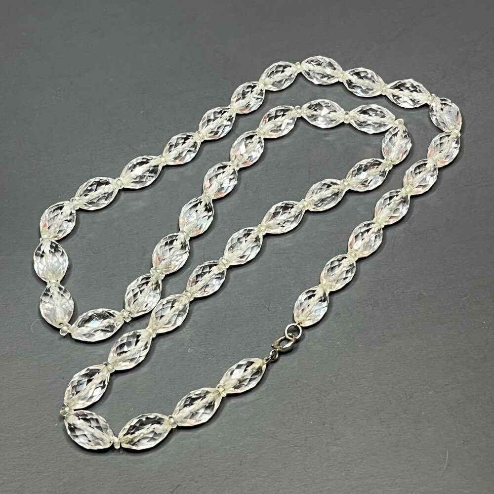 Vintage Clear Glass Faceted Graduated Bead Long Art Deco Necklace